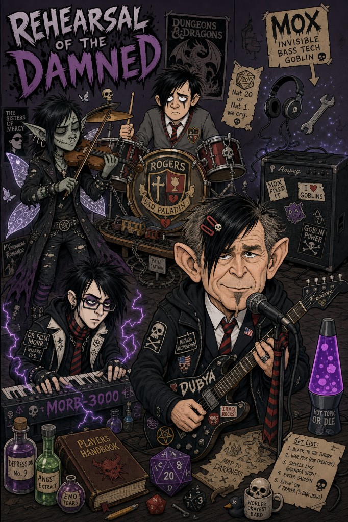 My Chemical Neighbourhood rehearsing — Dubya, Felix, Rogers, and Ruk in the garage